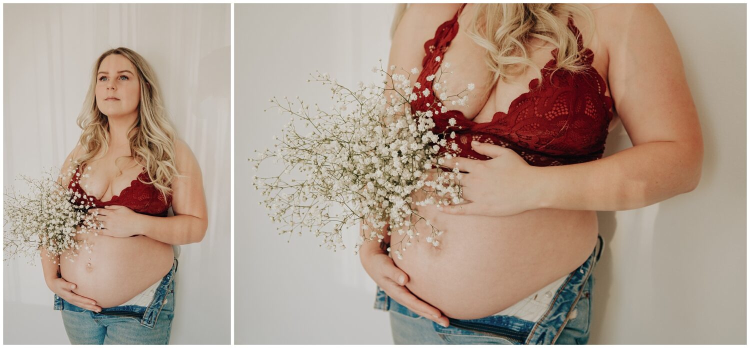 Maternity photos in Edmonton with baby's breath flowers