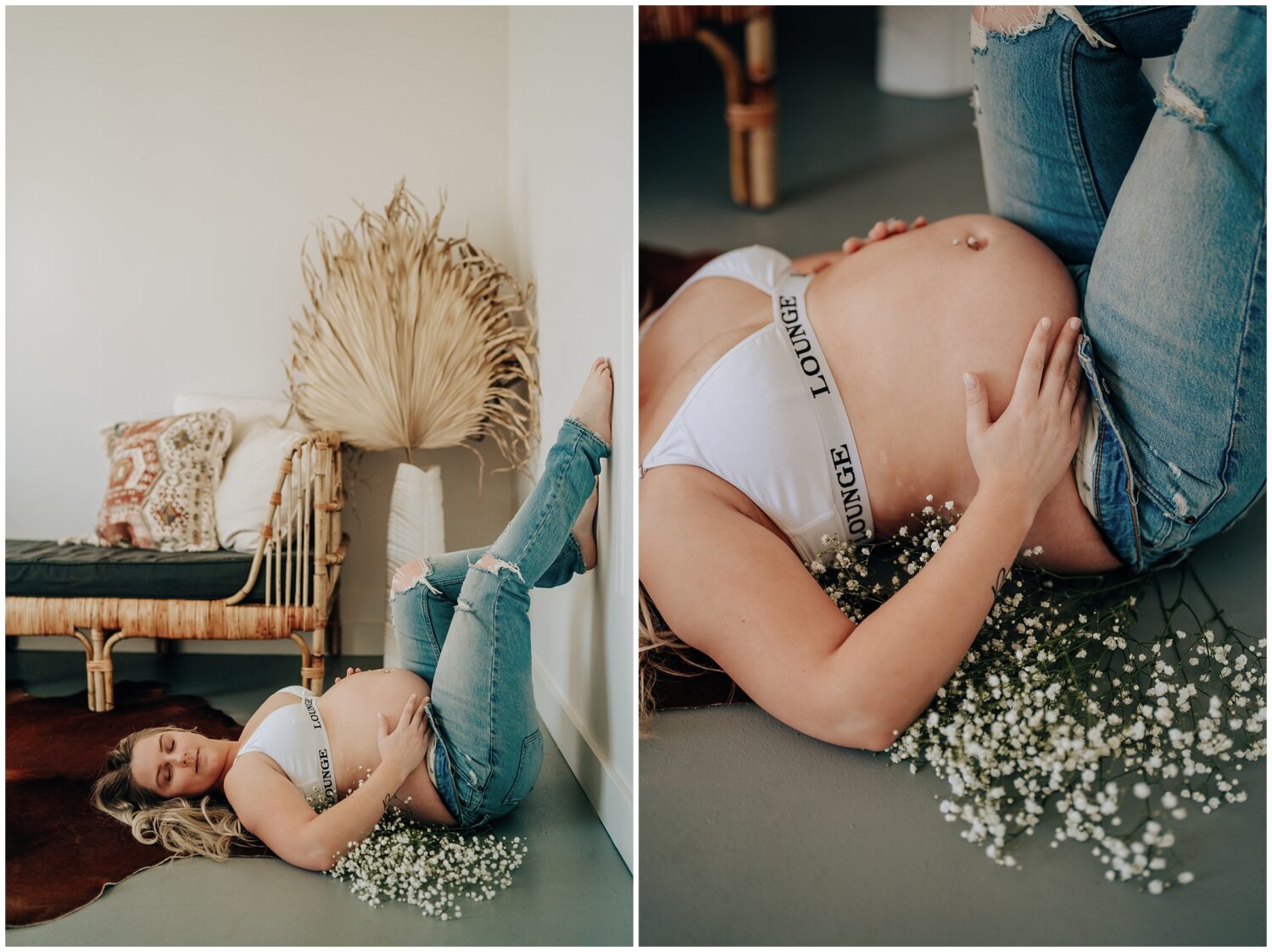 Maternity photos in Edmonton with baby's breath flowers