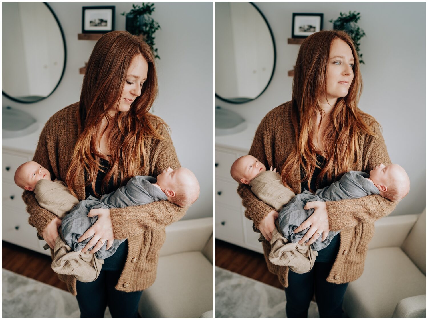 New Mom with twin boys at her Edmonton newborn photography lifestyle photoshoot