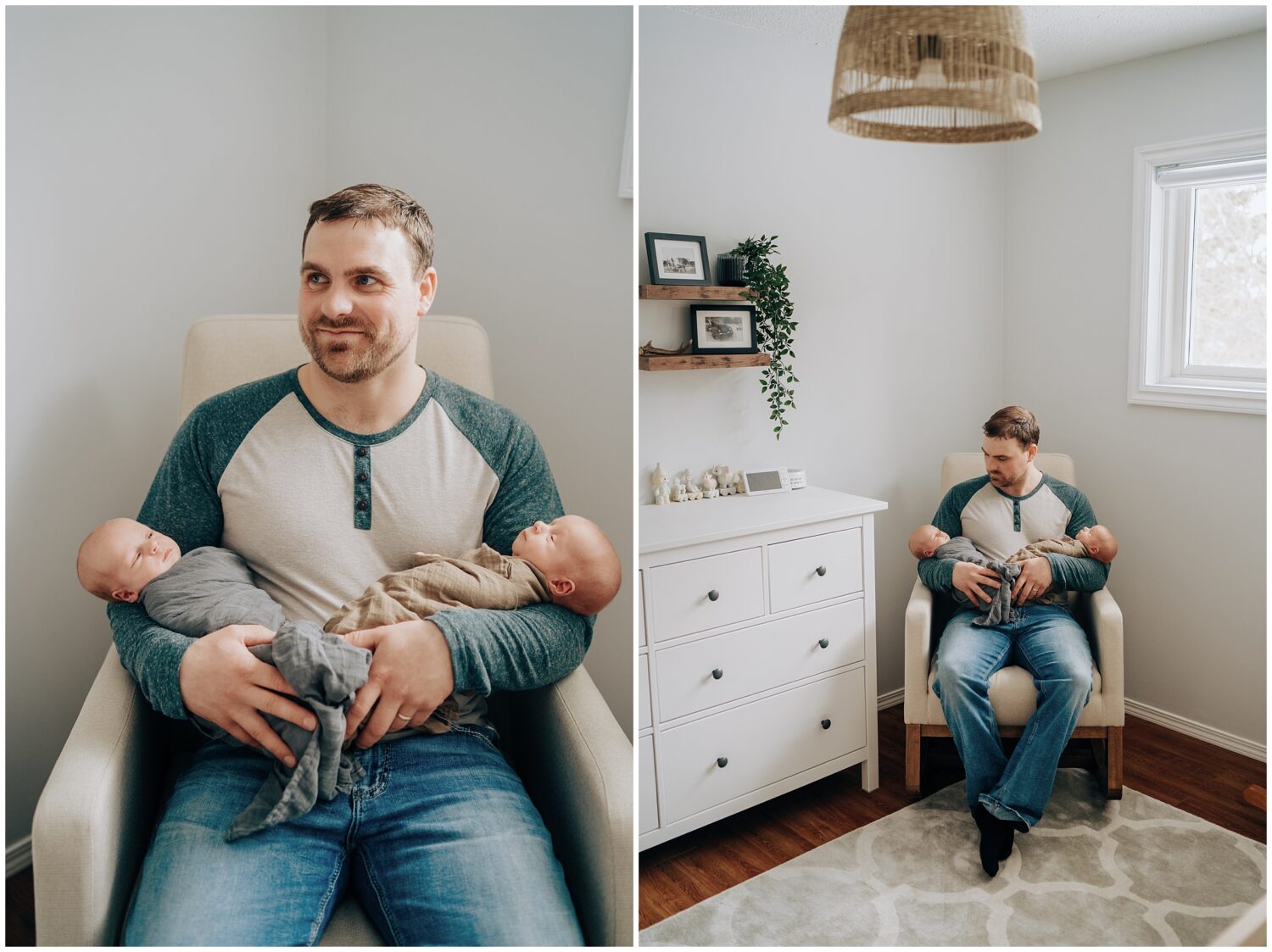 New Dad with twin boys at his Edmonton newborn photography lifestyle photoshoot