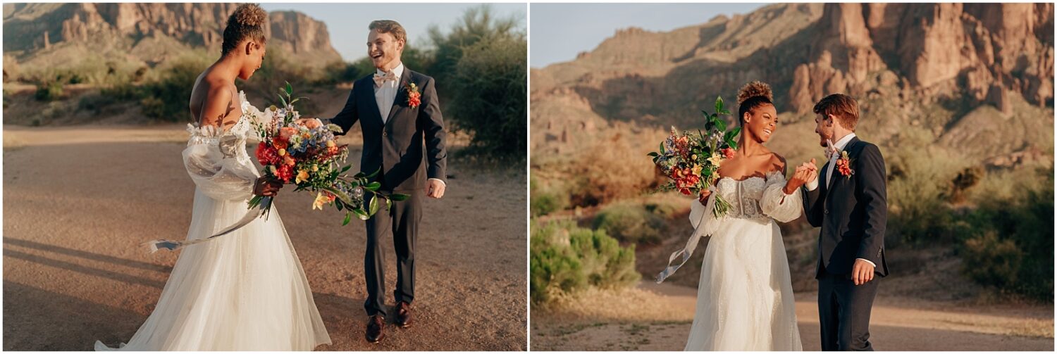Elopement couple in the desert at the Superstition Mountains in Phoenix Arizona