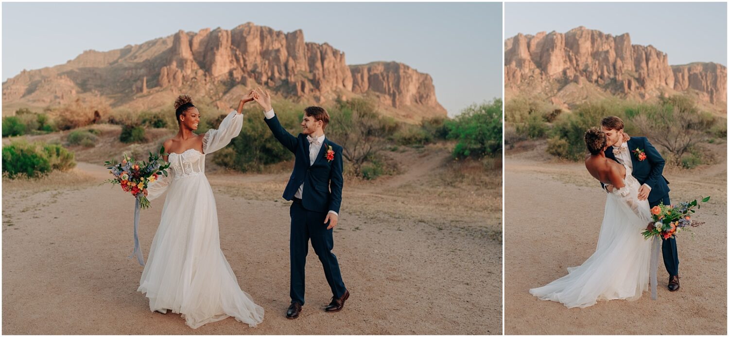 Elopement couple in the desert at the Superstition Mountains in Phoenix Arizona