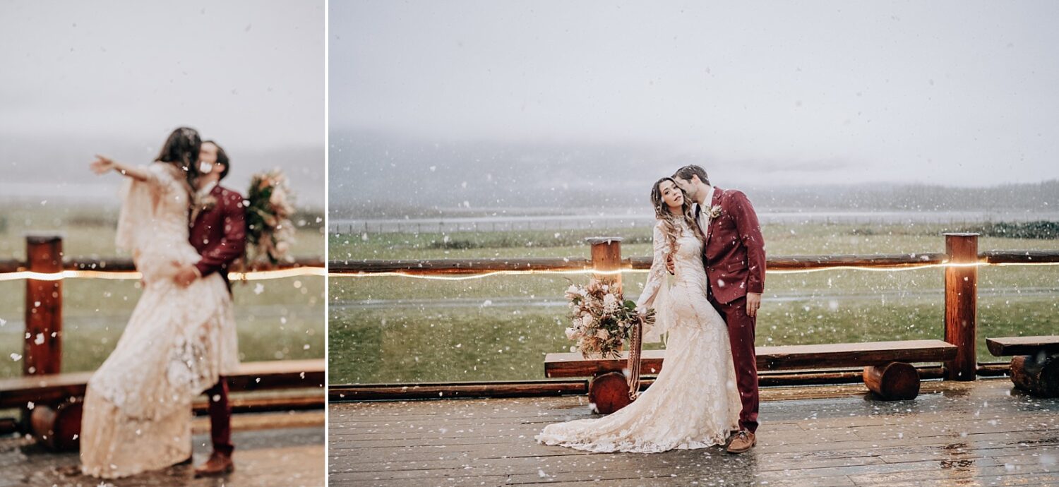 Abbotsford Wedding Photographer bride and groom in the snow at Fraser River Lodge by Seanna Leaf Photography