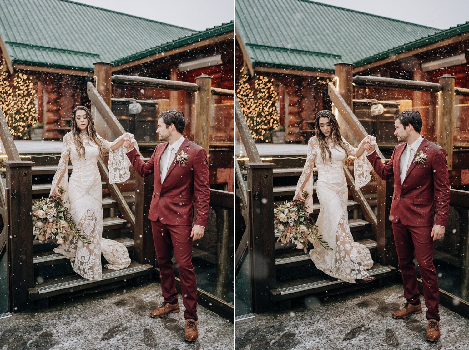 Abbotsford Wedding Photographer bride and groom in the snow at Fraser River Lodge by Seanna Leaf Photography