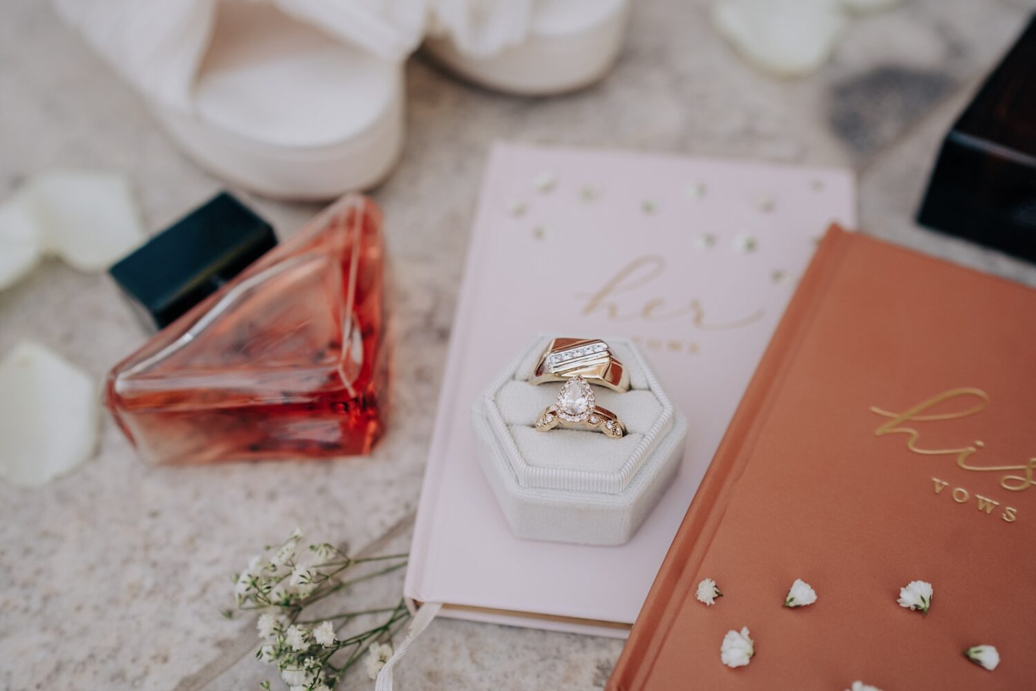 phoenix wedding photographer flat lay with wedding ring and vow book