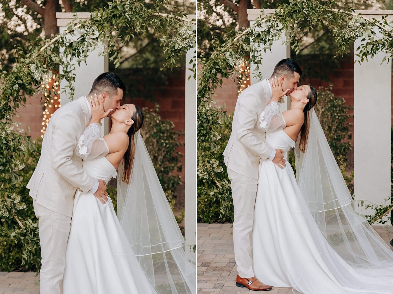 Bride and groom first kiss at Stonebridge Manor in Phoenix Arizona wedding photographer