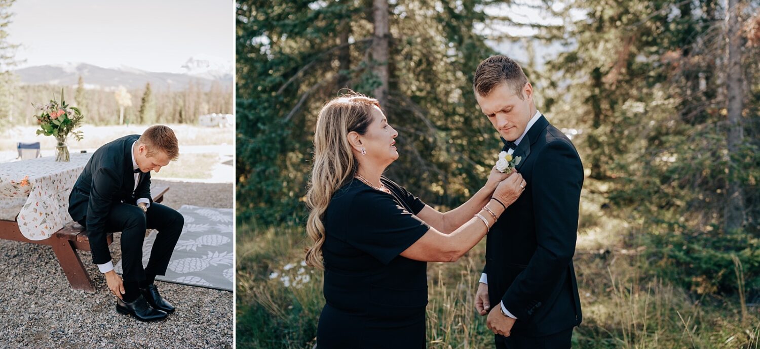 Whistlers campground groom getting ready photos for Jasper Elopement
