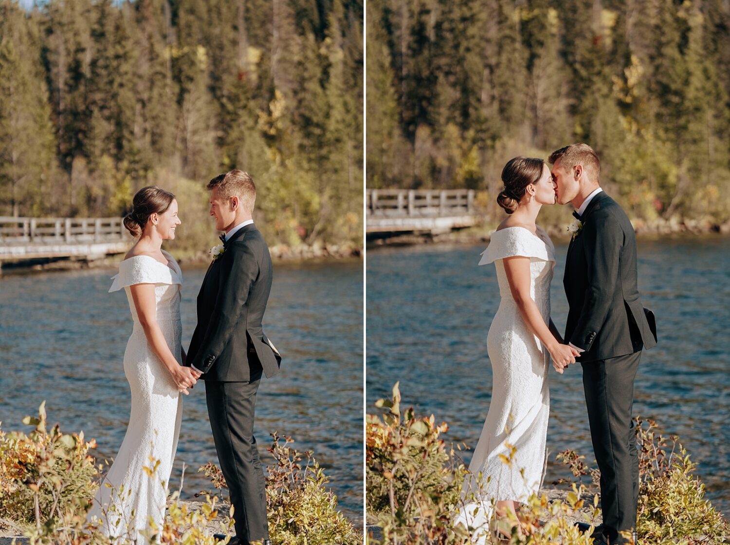 Jasper Pyramid Lake Lodge portraits of bride and groom at their elopement