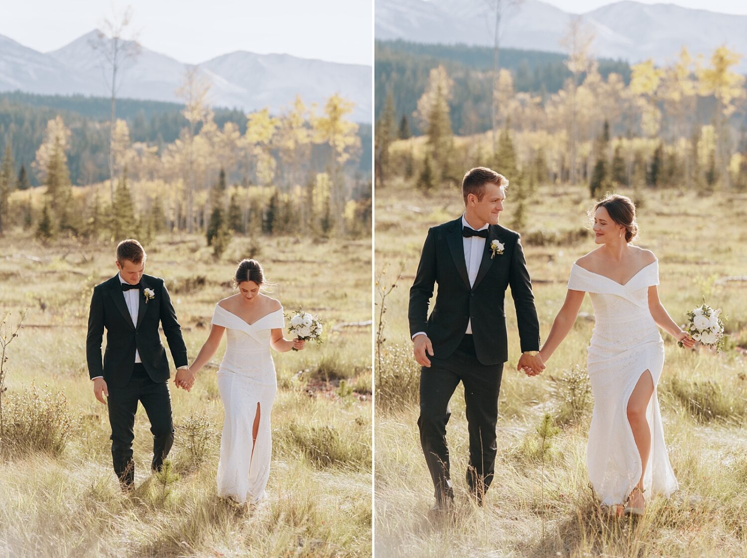 Jasper Pyramid Lake Lodge portraits of bride and groom at their elopement