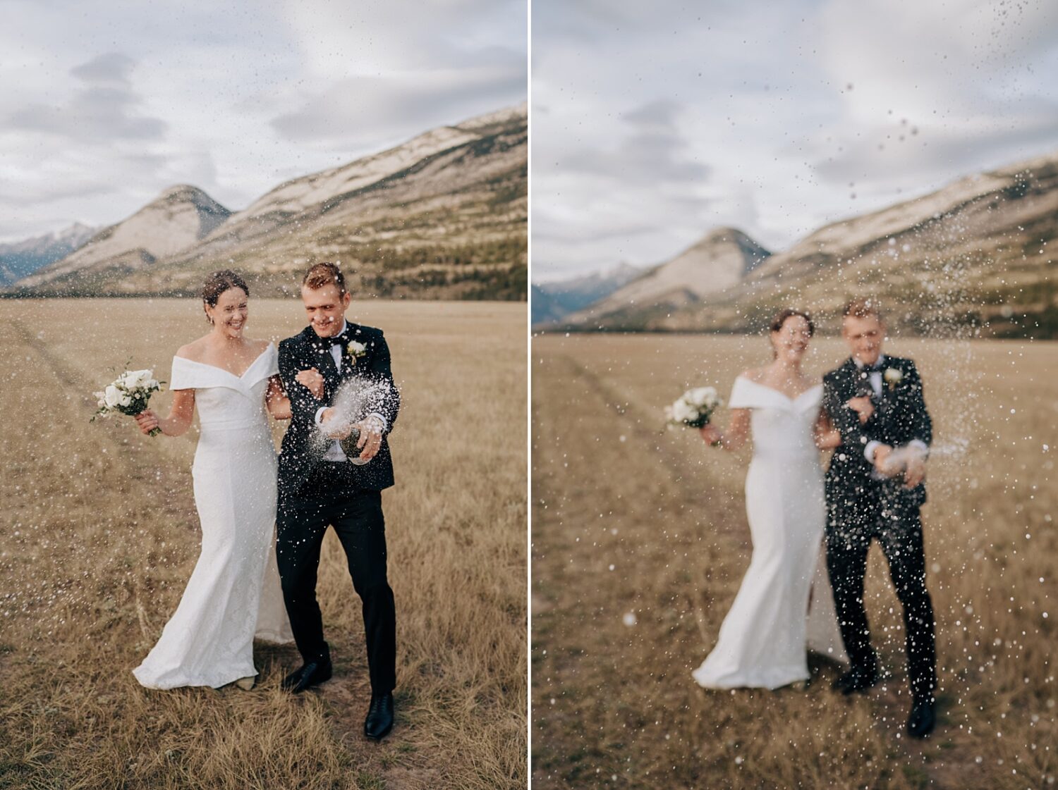 Jasper elopement photographer. Portraits of bride and groom doing a champagne spray in a field with mountains in the background.