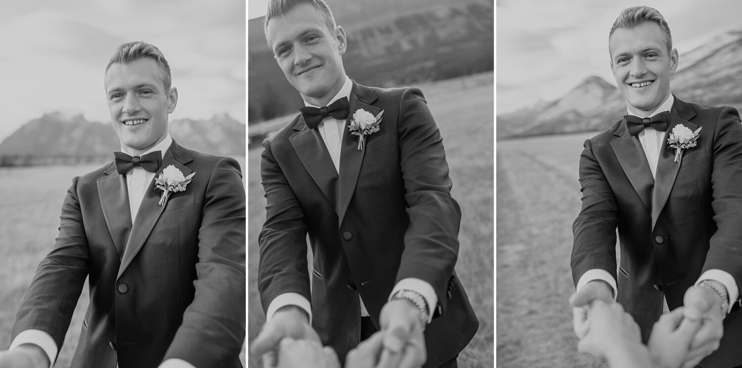 Jasper elopement photographer. Portraits of bride and groom in a field with mountains in the background.