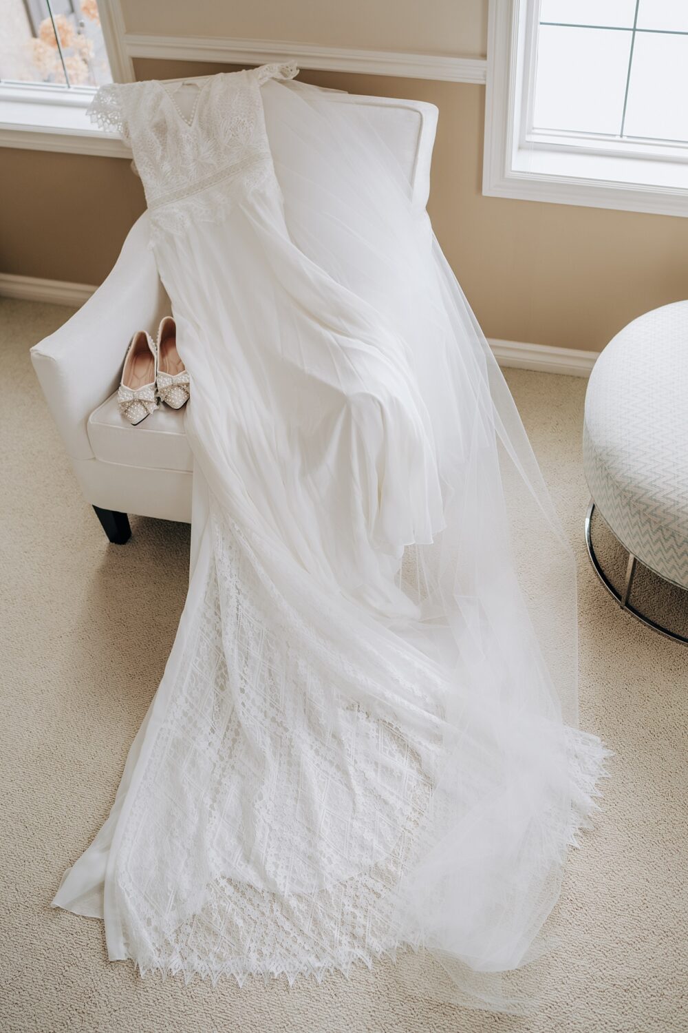 Edmonton wedding photographer detail photo of wedding dress and wedding shoes