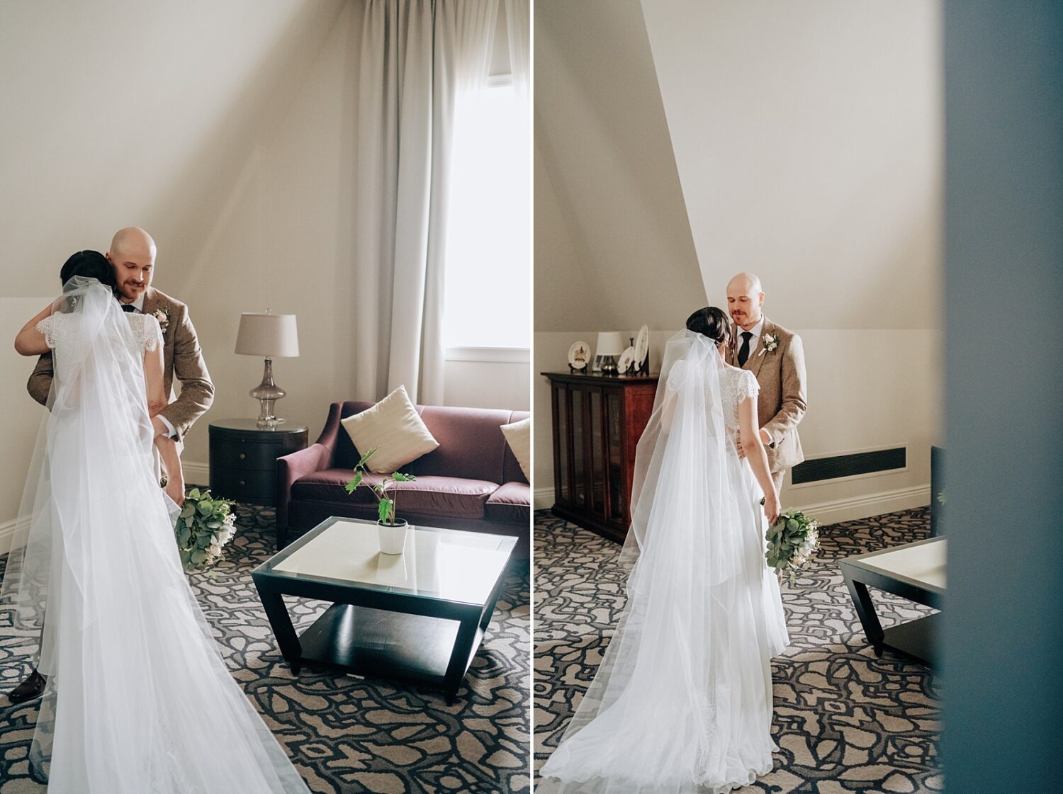 Edmonton wedding photographer bride and groom first look at Fairmont Hotel Macdonald