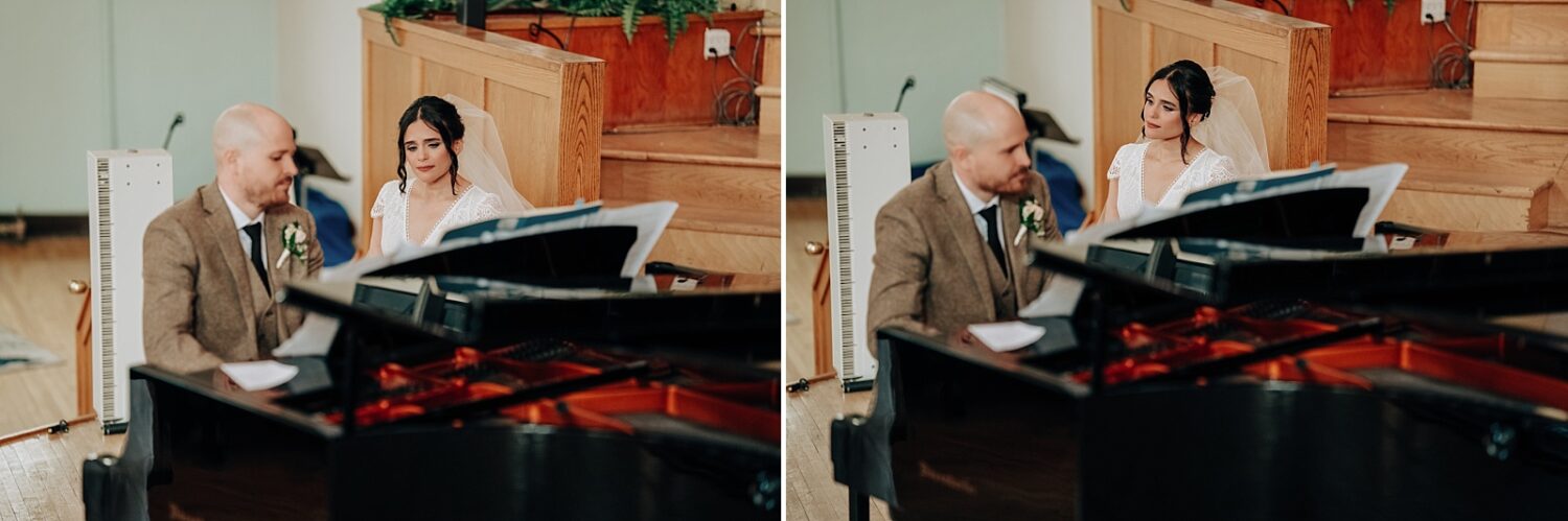 Edmonton wedding photographer groom playing piano for bride at McDougall Church