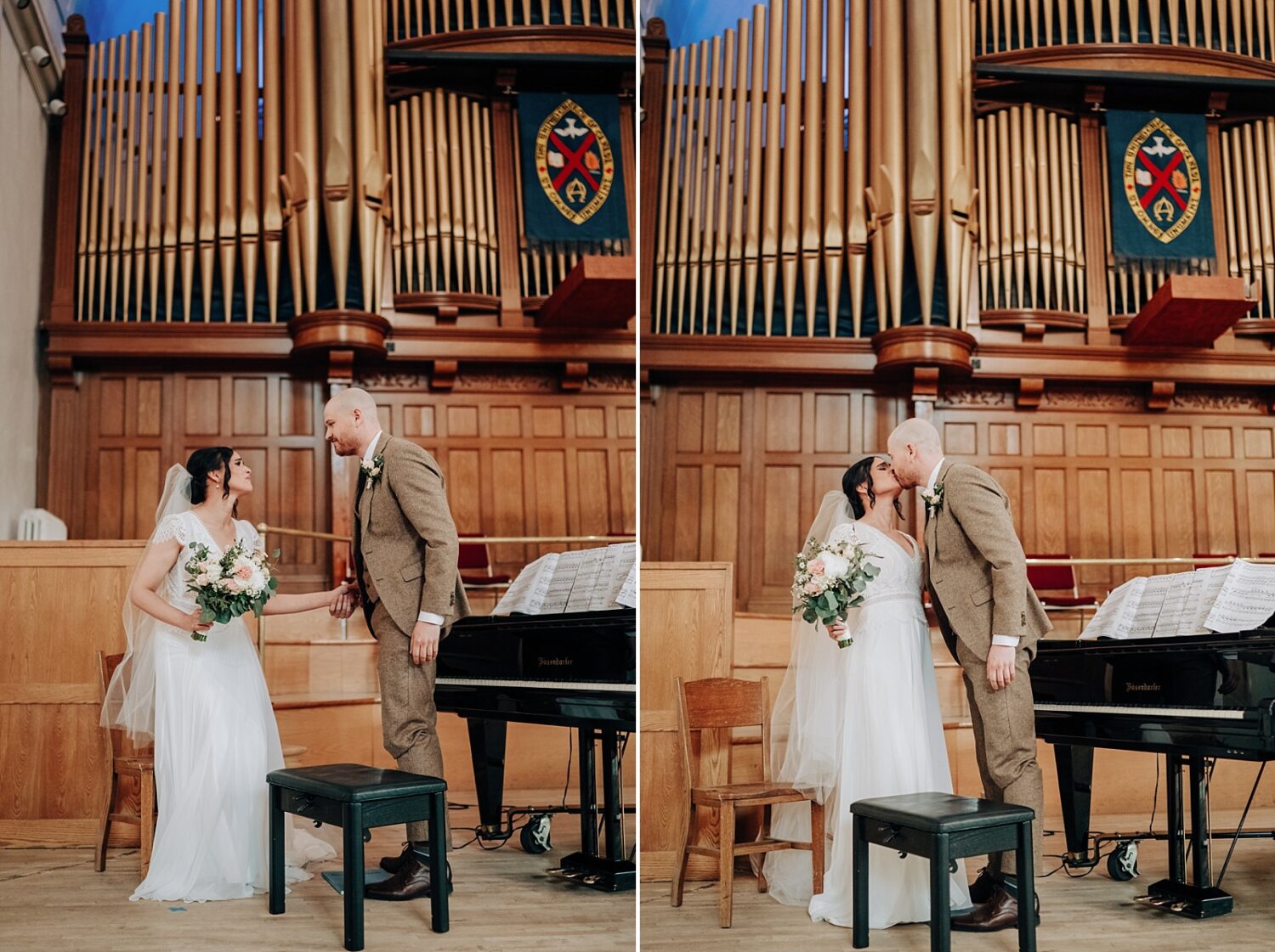 Edmonton wedding photographer groom playing piano for bride at McDougall Church