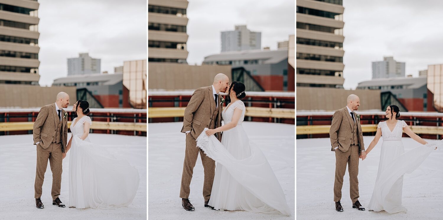 Edmonton wedding photographer bride and groom portraits portraits on Rice Howard Parkade